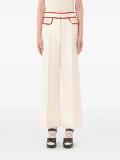 Valentino Ivory Trousers With Gold V In Neutral