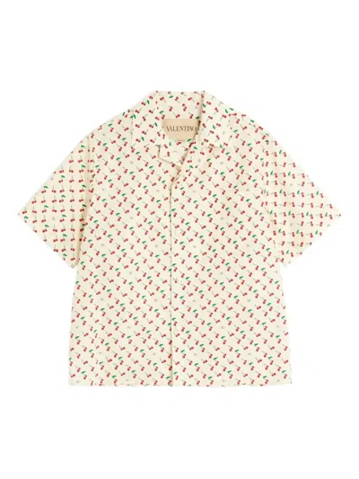 Valentino Cherryfic Camp Collar Cotton Shirt In Neutral
