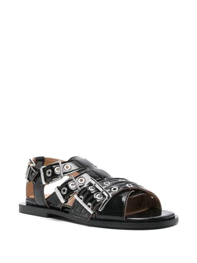 Ganni Buckle Sandals With Flat Sole And Metal Eyelets