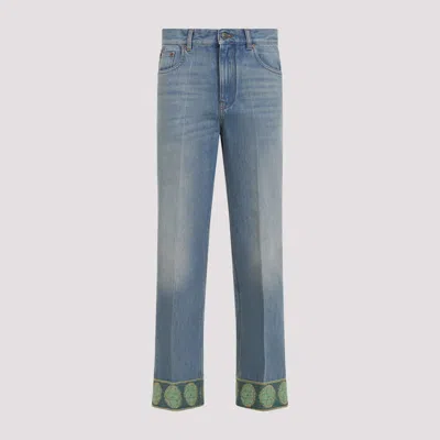 Valentino Medium Blue Jeans With Green Embroidery, Straight Leg, High Waist