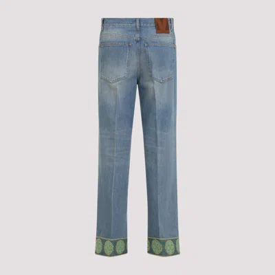 Valentino Medium Blue Jeans With Green Embroidery, Straight Leg, High Waist