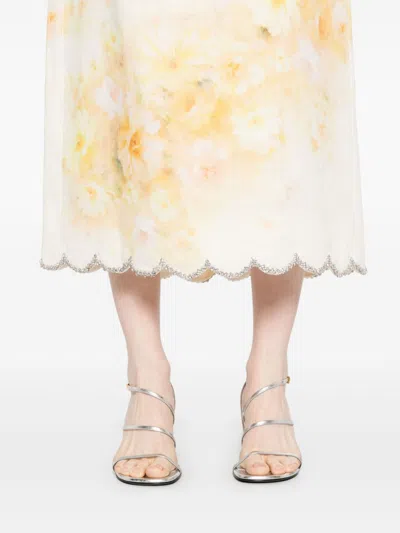 Zimmermann Crush Scalloped Midi Skirt In Yellow Floral In Neutral