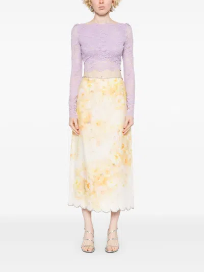 Zimmermann Crush Scalloped Midi Skirt In Yellow Floral In Neutral