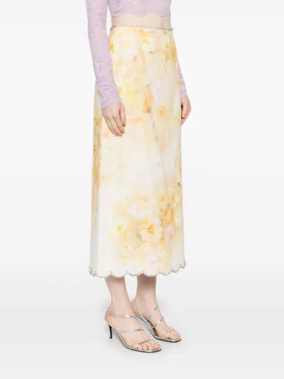 Zimmermann Crush Scalloped Midi Skirt In Yellow Floral In Neutral