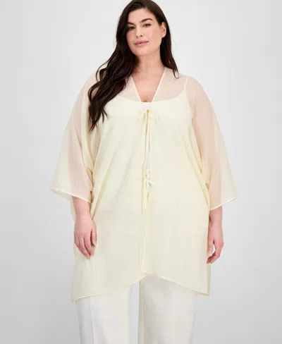 Anne Klein Plus Size Shimmer-texture Open-front Scarf Kimono Cardigan In Neutral