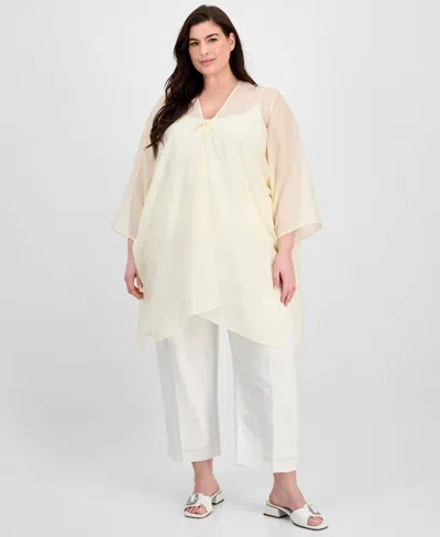 Anne Klein Plus Size Shimmer-texture Open-front Scarf Kimono Cardigan In Neutral