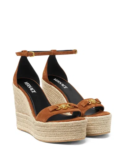 Versace Leather Espadrille Wedges 120 In Brown