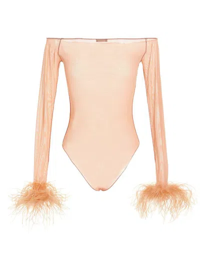 Shop Oseree Oséree Feather Transparent Mesh Bodysuit