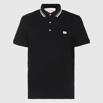 Valentino Garavani Black Polo Shirt With Classic Bicolor Collar And Logo Patch On The Front In Cotto