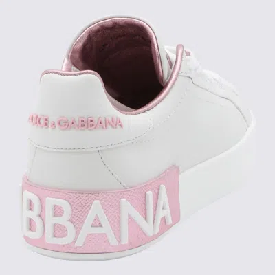 Dolce & Gabbana Portofino White And Pink Low Top Sneakers With Logo In Leather Woman