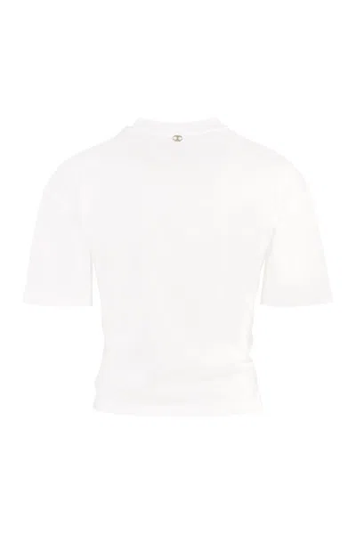Rabanne White Crewneck Top With Short Sleeves And Ruched Cut-out On The Front In Cotton Woman