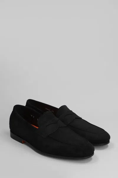 Santoni Mens Black Carlos Suede Penny Loafers