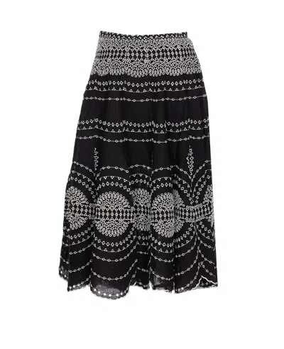 Charo Ruiz 'livvy' Black Midi Skirt With Scallop Hem And All-over Embroidery In Cotton Nad Linen Blend Woman