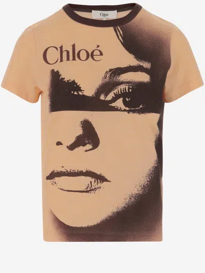 Chloé Women Multicolor Crewneck T-shirt With Maxi Graphic Print On The Front In Wool Blend Woman In Neutral