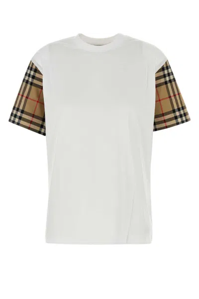Burberry White T-shirt With Vintage Check Motif On The Sleeves In Cotton Woman