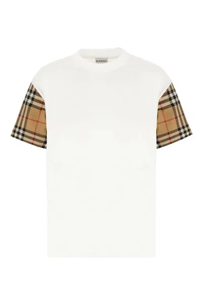 Burberry White T-shirt With Vintage Check Motif On The Sleeves In Cotton Woman