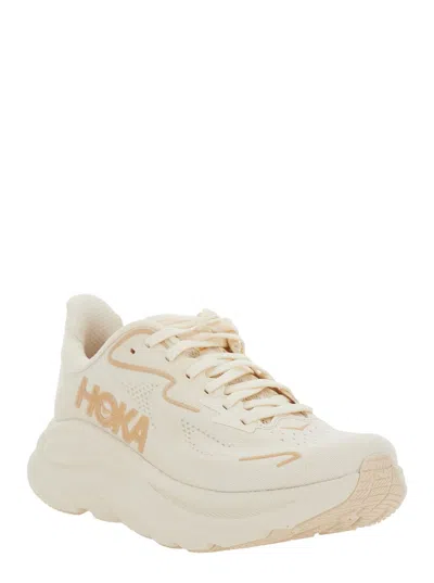 Hoka Clifton 10 White Low Top Sneakers With Oversize Sole And Logo Lettering On The Side In Tehc Fabric U