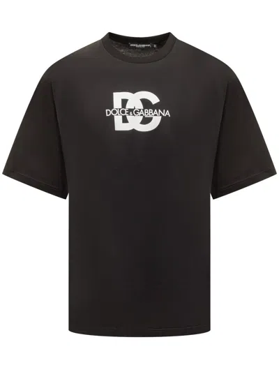 Dolce & Gabbana Black T-shirt With Crew Neck And Printed Logo On The Front