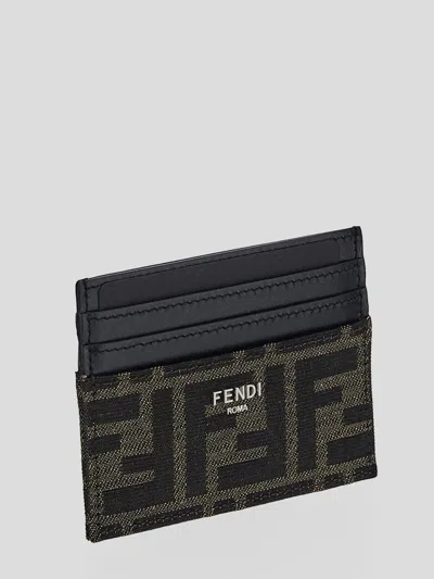 Fendi Brown Card-holder With Metal Lettering In Leather And Ff Canvas Man