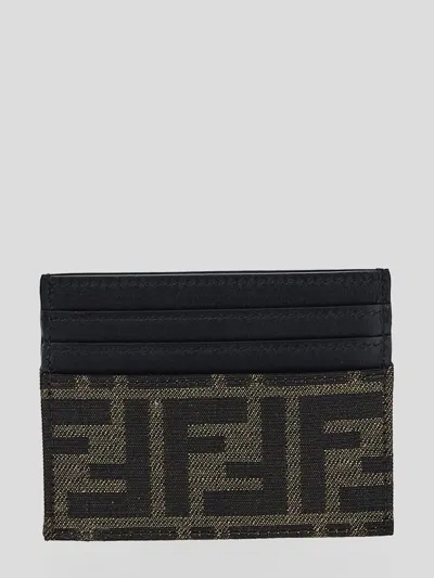 Fendi Brown Card-holder With Metal Lettering In Leather And Ff Canvas Man