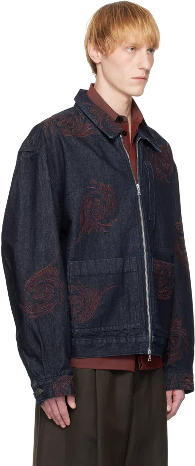 Dries Van Noten Navy Embroidered Pattern Denim Jacket