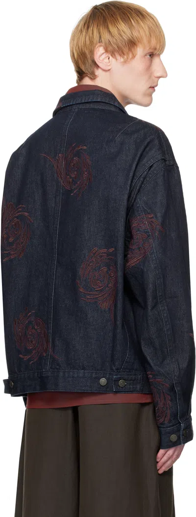 Dries Van Noten Navy Embroidered Pattern Denim Jacket