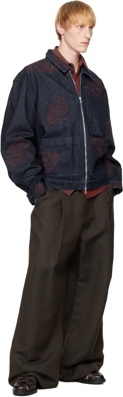 Dries Van Noten Navy Embroidered Pattern Denim Jacket