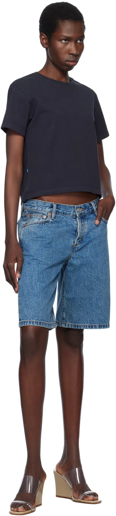 Still Here Blue Stoop Denim Shorts In Blue