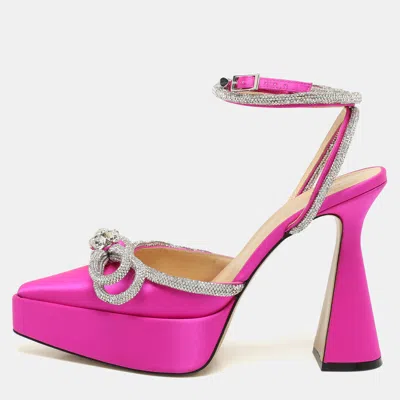 Pre-owned Mach&mach Pink Satin Double Bow Crystal Embellished Platform Pumps Size 40