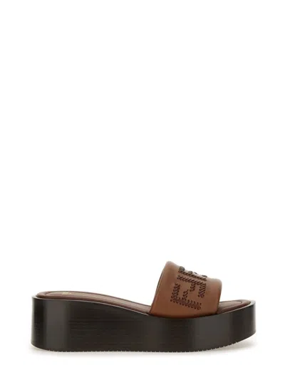 Fendi Women Brown Slides With Wedge Heel And Ff Motiv On The Band In Leather Man