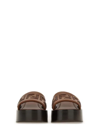 Fendi Women Brown Slides With Wedge Heel And Ff Motiv On The Band In Leather Man