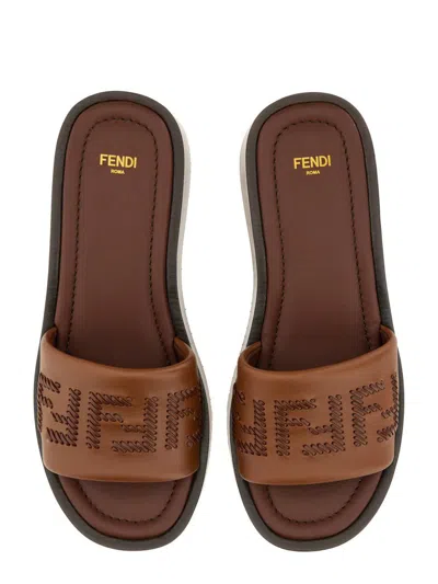 Fendi Women Brown Slides With Wedge Heel And Ff Motiv On The Band In Leather Man
