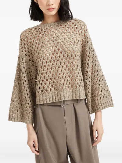 Brunello Cucinelli Cropped Open-knit Crewneck Sweater