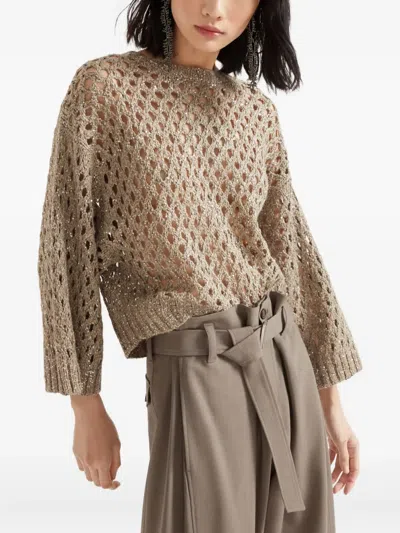 Brunello Cucinelli Cropped Open-knit Crewneck Sweater