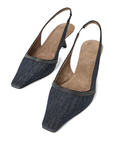 Brunello Cucinelli Denim Pointed-toe Slingback Pumps With Monili Trim In Blue