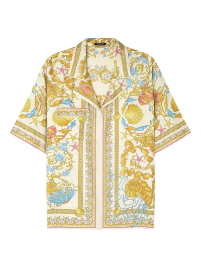 Versace Multicolor Bowling Shirt With Cuban Collar And All-over Underwater Barocco Print In Yellow