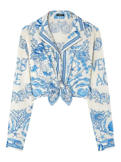 Versace Underwater Barocco Foulard Cotton Poplin Crop Shirt In Blue