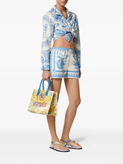 Versace Underwater Barocco Foulard Cotton Poplin Crop Shirt In Blue