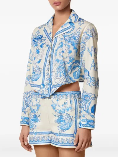 Versace Underwater Barocco Foulard Cotton Poplin Crop Shirt In Blue