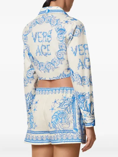 Versace Underwater Barocco Foulard Cotton Poplin Crop Shirt In Blue