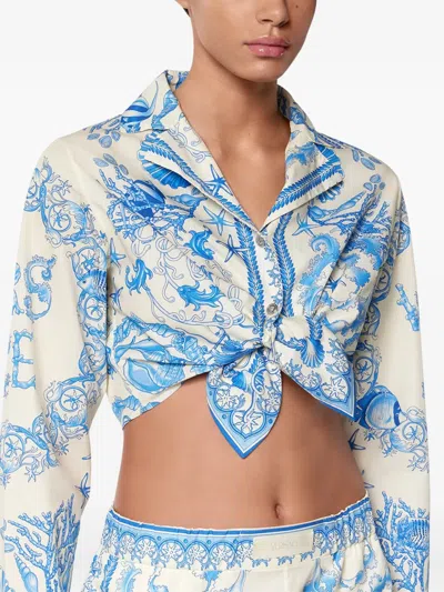 Versace Underwater Barocco Foulard Cotton Poplin Crop Shirt In Blue