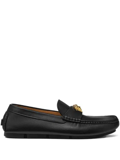 Versace La Medusa Leather Driver Shoes In Multi