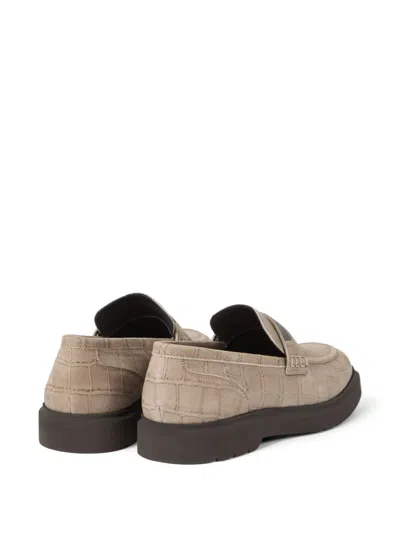 Brunello Cucinelli Crocodile Effect Round Toe Flat Sole Loafers In Neutral