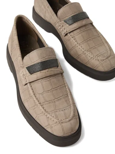 Brunello Cucinelli Crocodile Effect Round Toe Flat Sole Loafers In Neutral