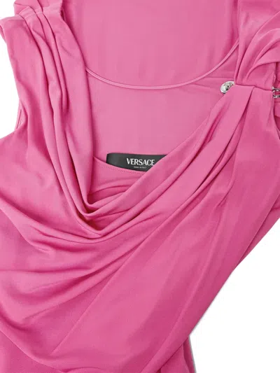 Versace Safety-pin Draped Crepe Jersey Slit Gown In Pink