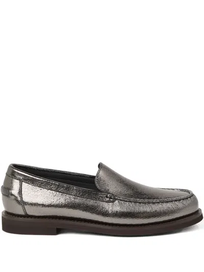 Brunello Cucinelli Metallic Finish Round Toe Loafers With Rubber Sole In Gray