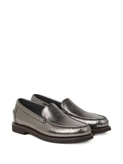 Brunello Cucinelli Metallic Finish Round Toe Loafers With Rubber Sole In Gray