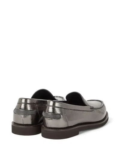 Brunello Cucinelli Metallic Finish Round Toe Loafers With Rubber Sole In Gray