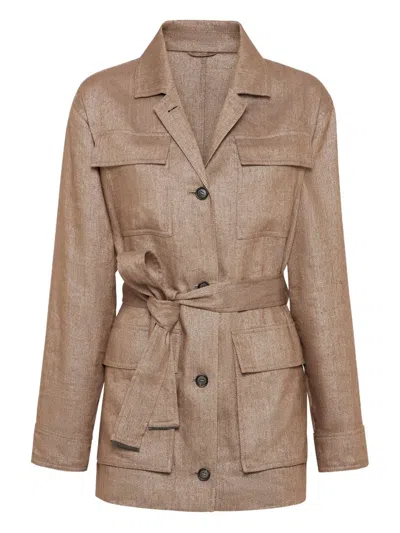 Brunello Cucinelli Brown Jacket With Notched Revers And Front Closure With Bow In Linen Blend Woman