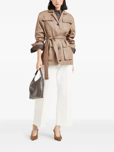 Brunello Cucinelli Brown Jacket With Notched Revers And Front Closure With Bow In Linen Blend Woman